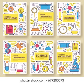 Premium quality scientific  vector brochure cards thin line set. thinking the idea linear template of flyear, magazines, posters, book cover, banners. Layout research equipmen outline modern pages