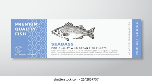 Premium Quality Seabass Vector Packaging Label Design. Modern Typography and Hand Drawn Fish Silhouette Seafood Product Background Layout