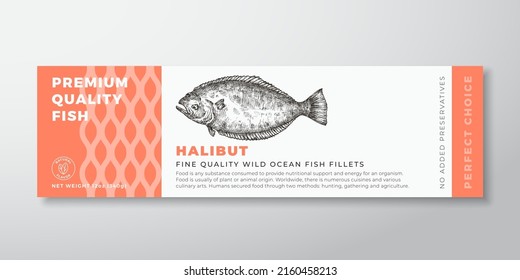 Premium Quality Seabass Vector Packaging Label Design. Modern Typography and Hand Drawn Fish Silhouette Seafood Product Background Layout