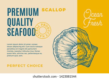 Premium Quality Seafood. Abstract Vector Packaging Design or Label. Modern Typography and Hand Drawn Scallop Shell Mollusc Silhouette Background Layout.