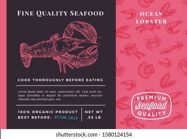 Premium Quality Seafood Abstract Vector Lobster Packaging Design or Label. Modern Typography and Hand Drawn Sketch Seamless Pattern Background Layout of Shrimps, Scallops, Squids and Crabs.