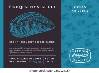 Premium Quality Seafood Abstract Vector Mussel Packaging Design or Label. Modern Typography and Hand Drawn Sketch Seamless Pattern Background Layout of Shrimps, Clams, Scallops, Squids and Crabs.