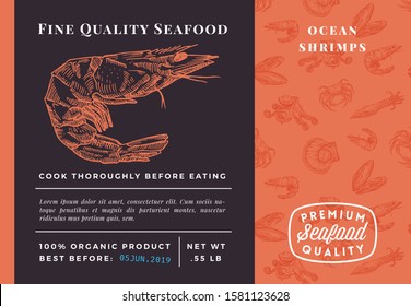 Premium Quality Seafood Abstract Vector Shrimp Packaging Design or Label. Modern Typography and Hand Drawn Sketch Seamless Pattern Background Layout of Prawns, Scallops, Squids and Crabs.