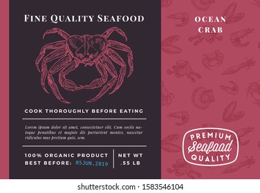 Premium Quality Seafood Abstract Vector Crab Packaging Design or Label. Modern Typography and Hand Drawn Sketch Seamless Pattern Background Layout of Prawns, Scallops, Squids and Crabs.