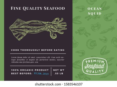 Premium Quality Seafood Abstract Vector Squid Packaging Design or Label. Modern Typography and Hand Drawn Sketch Seamless Pattern Background Layout of Prawns, Scallops, Squids and Crabs.