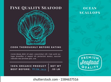 Premium Quality Seafood Abstract Vector Scallop Packaging Design or Label. Modern Typography and Hand Drawn Sketch Seamless Pattern Background Layout of Shrimps, Clams, Scallops, Squids and Crabs.