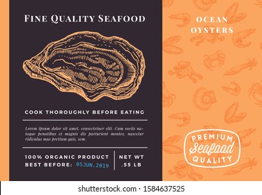 Premium Quality Seafood Abstract Vector Oysters Packaging Design or Label. Modern Typography and Hand Drawn Sketch Seamless Pattern Background Layout of Shrimps, Clams, Scallops, Squids and Crabs.