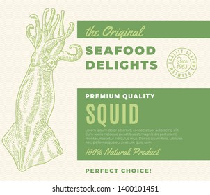 Premium Quality Seafood Delights. Abstract Vector Packaging Design or Label. Modern Typography and Hand Drawn SquidSilhouette Background Layout.