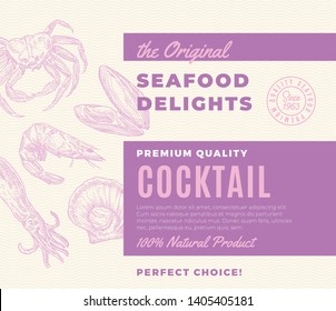 Premium Quality Seafood Delights Cocktail. Abstract Vector Packaging Design or Label. Modern Typography and Hand Drawn Shrimp, Crab, Scallop, Mussel and Squid Silhouettes Background Layout.
