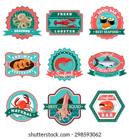 Premium quality seafood and fish menu emblems set isolated vector illustration