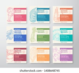 Premium Quality Seafood Labels Set. Abstract Vector Packaging Design. Modern Typography and Hand Drawn Crab, Shrimp, Molluscs and Squid Sketch Silhouettes Background Layouts with Soft Shadows Isolated