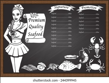 Premium quality seafood menu on chalkboard design template with a sexy navy woman holding a paper . Marine life icon.