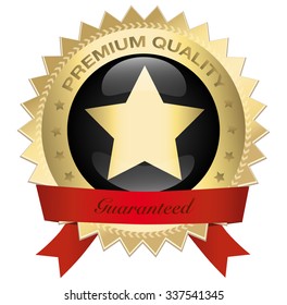 Premium quality seal or icon with red banner and star symbol. Glossy golden seal or button with stars and elegant banner.