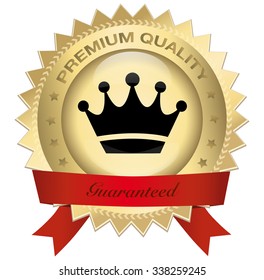 Premium quality seal or icon with red banner and crown symbol. Glossy golden seal or button with stars and elegant banner.