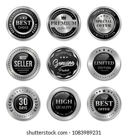 Premium quality silver badges and labels. collection of silver and black seal badges and labels vector illustration set on white background