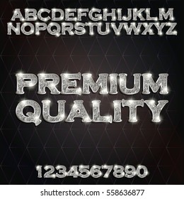 Premium quality silver glowing alphabet and numbers on a dark background. Vector illustration for your graphic design.