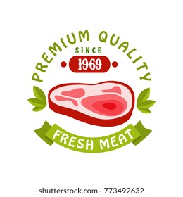 Premium quality since 1969, fresh meat logo template design, badge for meat store,  butcher shop, farmer market, restaurant, cafe, packaging colorful vector Illustration