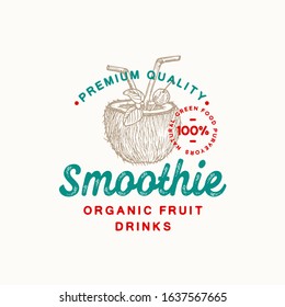 Premium Quality Smoothie Abstract Vector Sign, Symbol or Logo Template. Hand Drawn Coconut Cocktail Sketch Sillhouette with Retro Typography and Seal. Vintage Luxury Emblem. Isolated.