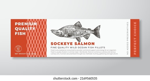 Premium Quality Sockeye Salmon Vector Packaging Label Design. Modern Typography and Hand Drawn Fish Silhouette Seafood Product Background Layout