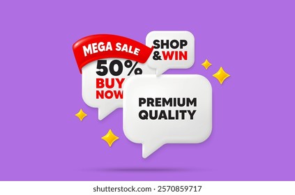 Premium quality speech bubbles. Mega sale flag ribbon. Premium quality tag. High product sign. Top offer symbol. Discount chat bubbles with 3d sparkles. Vector