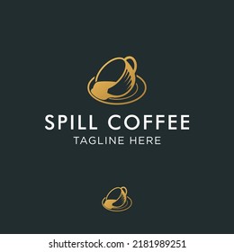 Premium Quality Spill Coffee Logo Icon Design In Gold Color. Coffee Or Tea In Cup And Coaster Spilled Vector Graphic