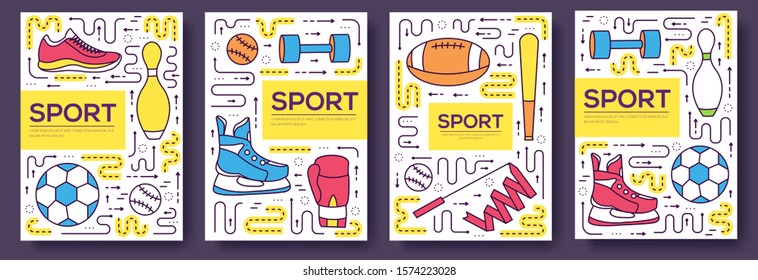 Premium quality sport vector brochure cards thin line set. Health Lifestyle linear template of flyer, magazines, posters, book cover, banners. Layout physical athletic equipment outline modern pages