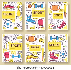 Premium quality sport vector brochure cards thin line set. health Lifestyle linear template of flyear, magazines, posters, book cover, banners. Layout physical athletic equipmen outline modern pages