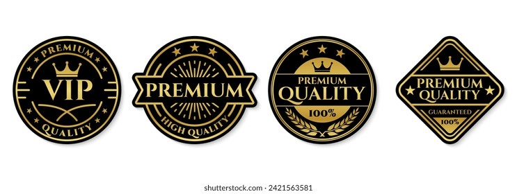 Premium quality stamp, label or logo set. 100 percent VIP, high quality emblems with crown and stars. Vector illustration.