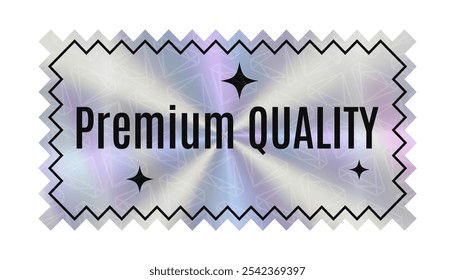 Premium Quality Sticker with holographic effect. Retro label with rainbow colors. Futuristic tag with stars and zig zag edges