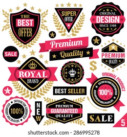 Premium quality stickers, badges, labels and ribbons. Vector illustration. Isolated on white background. Set 5