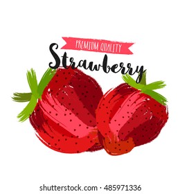 Premium Quality Strawberries made by abstract brush strokes on white background for Healthy Food concept, Can be used as Sticker, Tag or Label design also.