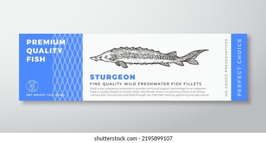 Premium Quality Strugeon Vector Packaging Label Design. Modern Typography And Hand Drawn Freshwater Fish Silhouette Seafood Product Background Layout