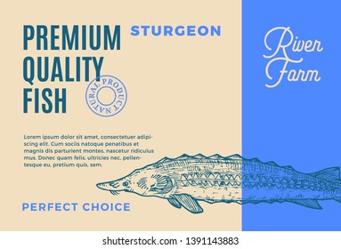 Premium Quality Sturgeon. Abstract Vector Fish Packaging Design or Label. Modern Typography and Hand Drawn Beluga Silhouette Background Layout.