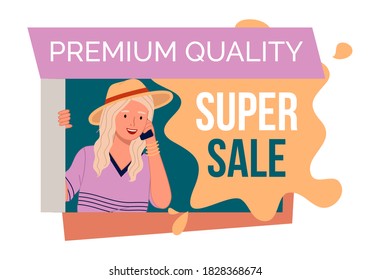Premium quality super sale banner with beautiful blonde woman in hat talking with mobile phone. Discount poster template. Big sale special offer. End of season special proposition banner flat style