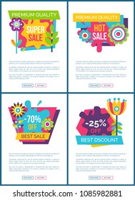Premium quality super sale labels on web posters, cartoon style flower and leaf branch, vector promo sticker springtime blossoms online banners