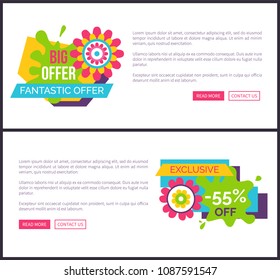 Premium quality super sale labels landing pages cartoon flowers, vector promo stickers springtime or summertime blossoms online posters vouchers design