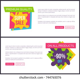 Premium quality super sale, on all products 90 percent off total discounts vector promo price labels on online web pages, buttons read more and contact us