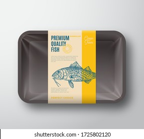 Premium Quality Surmullet. Abstract Vector Plastic Tray with Cellophane Cover Packaging Design Label. Modern Typography and Hand Drawn Fish Silhouette Background Layout. Isolated.