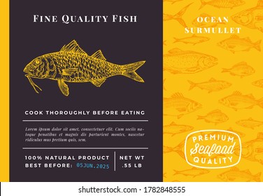 Premium Quality Surmullet Abstract Vector Packaging Design or Label. Modern Typography and Hand Drawn Sketch Fish Pattern Background Seafood Layout.