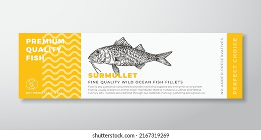 Premium Quality Surmullet Vector Packaging Label Design. Modern Typography and Hand Drawn Fish Silhouette Seafood Product Background Layout