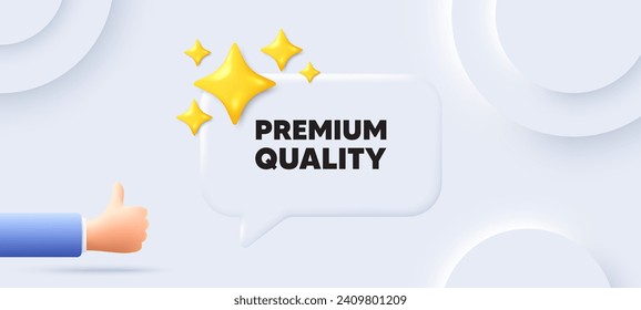 Premium quality tag. Neumorphic background with chat speech bubble. High product sign. Top offer symbol. Premium quality speech message. Banner with like hand. Vector