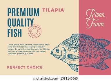Premium Quality Tilapia. Abstract Vector Fish Packaging Design or Label. Modern Typography and Hand Drawn Silhouette Background Layout.