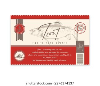 Hochwertige Forelle. Abstraktes Design oder Label für Vektorfisch-Verpackungen. Moderne Typografie und handgezeichnete Forelle Silhouette Hintergrund Layout.
