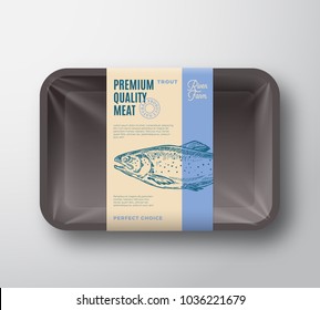 Premium Quality Trout Pack. Abstract Vector Fish Plastic Tray Container with Cellophane Cover. Packaging Design Label. Modern Typography and Hand Drawn Trout Silhouette Background Layout. Isolated.