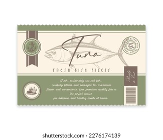 Premium Quality Tuna. Abstract Vector Tuna Packaging Design or Label. Modern Typography and Hand Drawn Tuna Silhouette Background Layout