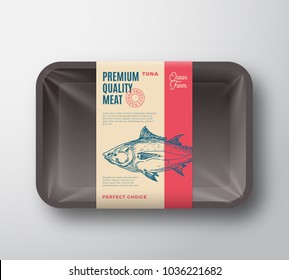 Premium Quality Tuna Pack. Abstract Vector Fish Plastic Tray Container with Cellophane Cover. Packaging Design Label. Modern Typography and Hand Drawn Tuna Silhouette Background Layout. Isolated.