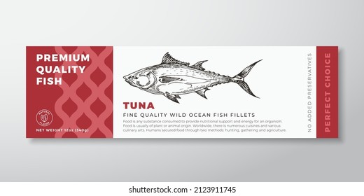 Premium Quality Tuna Vector Packaging Label Design. Modern Typography and Hand Drawn Fish Silhouette Seafood Product Background Layout