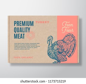 Premium Quality Turkey Vector Meat Packaging Label Design on a Craft Cardboard Box Container. Modern Typography and Hand Drawn Turkey Silhouette Background Layout.