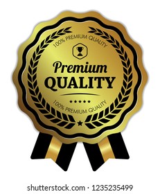Premium Quality. Vector Metallic Badge with Ribbons.
