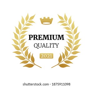 Premium Quality vintage badges logo with laurel. Isolated awards emblem. Luxurious congratulating template framed palms,  decorative branches vector illustration eps 10